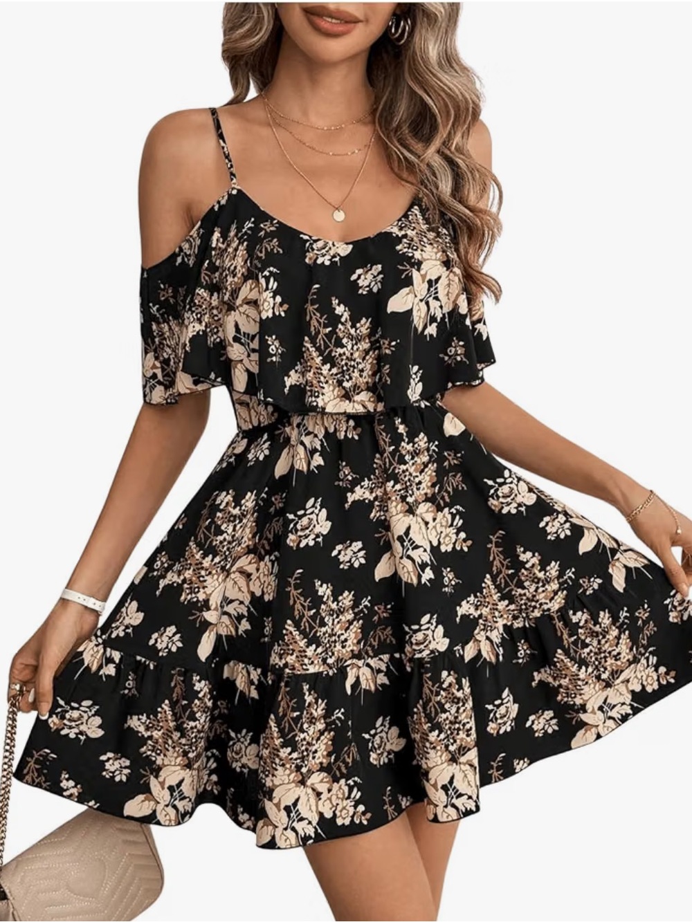 NWT Cold-Shoulder Floral Mini Dress in Black and Cream